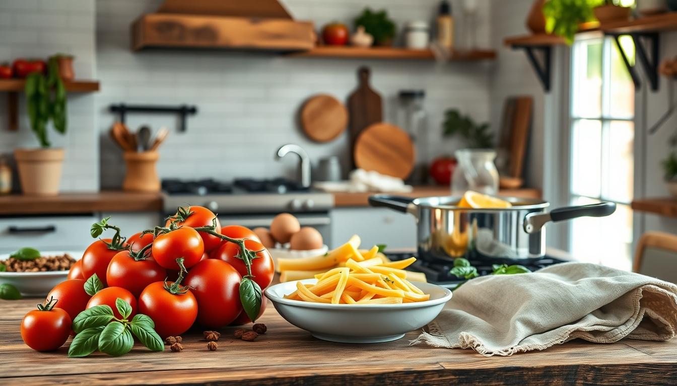 Measured baking ingredients prepared on a counter